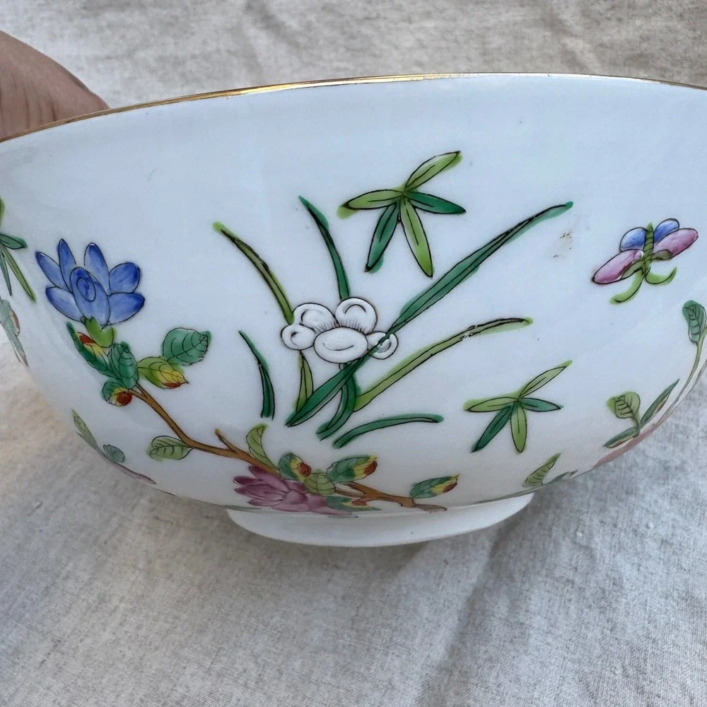 Vintage 70s Hong Kong Porcelain Bowl 60s Famille Rose Grasshopper Floral 9in